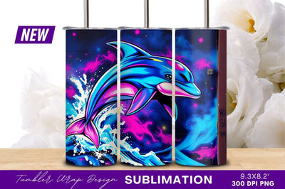 Neon Dolphin Mural With Ocean Waves Tumbler Png Sublimation Regulrcrative 