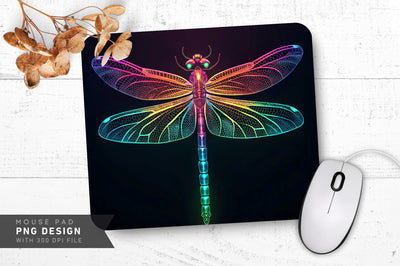 Neon Dragonfly with Glowing Wings Mouse Pad PNG Design Sublimation Regulrcrative 