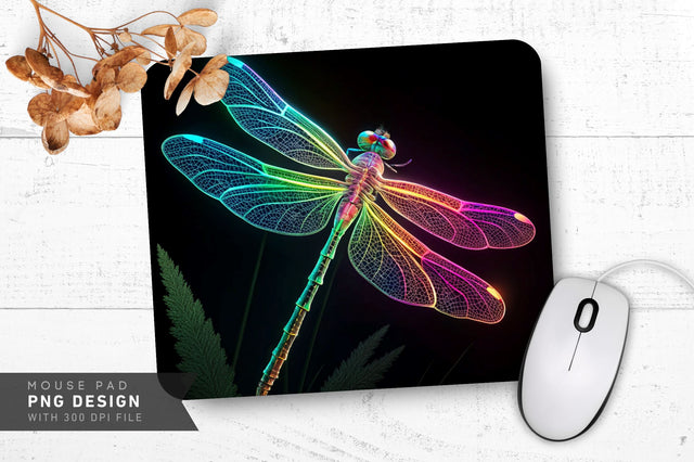 Neon Dragonfly with Glowing Wings Mouse Pad PNG Sublimation Regulrcrative 
