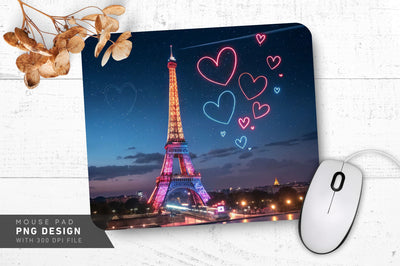 Neon Eiffel Tower with Hearts Parisian Romance Mouse Pad PNG Design Sublimation Regulrcrative 