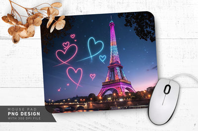 Neon Eiffel Tower with Hearts Parisian Romance Mouse Pad PNG Design Sublimation Regulrcrative 