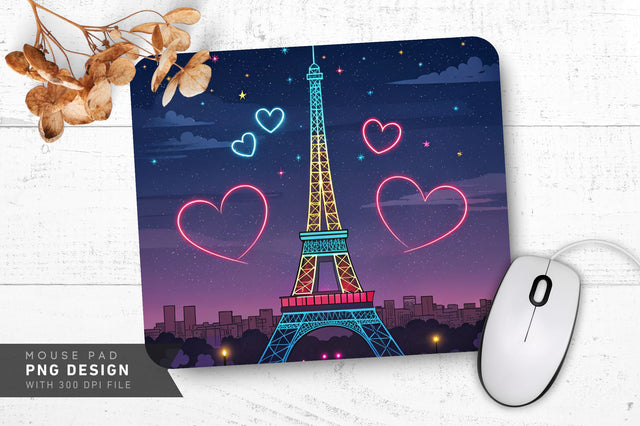 Neon Eiffel Tower with Hearts Parisian Romance Mouse Pad PNG Design Sublimation Regulrcrative 