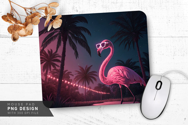 Neon Flamingo with Sunglasses under Palm Trees Mouse Pad Design Sublimation Regulrcrative 