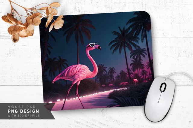 Neon Flamingo with Sunglasses under Palm Trees Mouse Pad Design Sublimation Regulrcrative 
