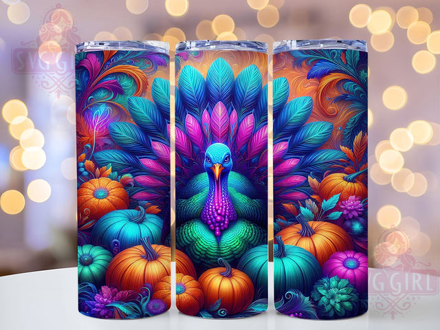 Neon Floral Thanksgiving Turkey Tumbler, Neon Flowers Wrap, Autumn Pumpkin Design, 20oz Sublimation Wrap, Festive Fall Drinkware, Seasonal Harvest Tumbler, Bright Thanksgiving Wrap Sublimation SvggirlplusArt 