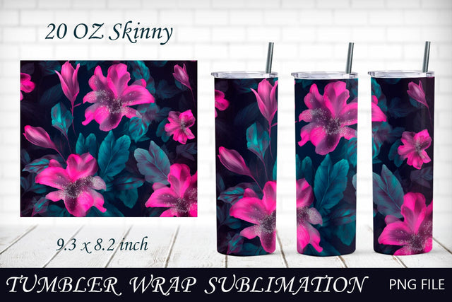 Neon flower tumbler wrap, Pink floral background png, 20 oz skinny design Sublimation AnastasiyaArtDesign 