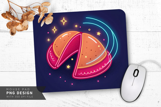 Neon Fortune Cookie with Glowing Edges and Sparkles Mouse Pad Design Sublimation Regulrcrative 