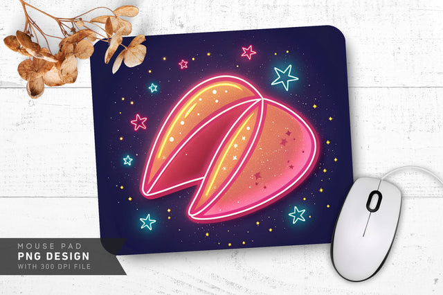 Neon Fortune Cookie with Glowing Edges and Sparkles Mouse Pad Design Sublimation Regulrcrative 