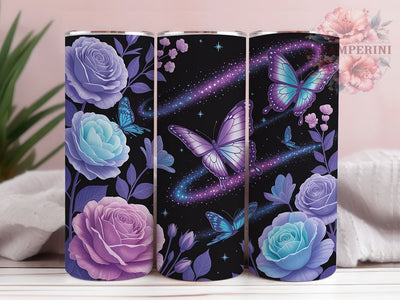 Neon Galaxy Butterfly Tumbler, Butterfly Design, Neon Glow Effect, Glitter Floral Style, Cosmic Fantasy, Vibrant Colors, Tumbler Wrap, Sublimation Design, 20oz Tumbler, Mystical Artwork Sublimation Li Zamperini 
