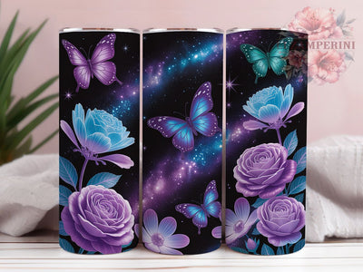Neon Galaxy Butterfly Tumbler, Butterfly Design, Neon Glow Effect, Glitter Floral Style, Cosmic Fantasy, Vibrant Colors, Tumbler Wrap, Sublimation Design, 20oz Tumbler, Mystical Artwork Sublimation Li Zamperini 