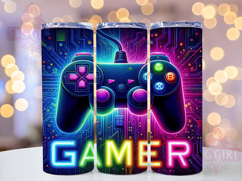 Neon Gamer 20oz Tumbler, 20oz Sublimation Design, Video Game Drinkware, Gaming Cup Wrap, Gamer Gift Idea, Bright Gamer Tumbler, LED Gaming Accessories Sublimation SvggirlplusArt 