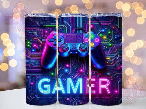 Neon Gamer 20oz Tumbler, 20oz Sublimation Design, Video Game Drinkware, Gaming Cup Wrap, Gamer Gift Idea, Bright Gamer Tumbler, LED Gaming Accessories Sublimation SvggirlplusArt 