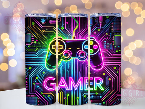 Neon Gamer 20oz Tumbler, 20oz Sublimation Design, Video Game Drinkware, Gaming Cup Wrap, Gamer Gift Idea, Bright Gamer Tumbler, LED Gaming Accessories Sublimation SvggirlplusArt 
