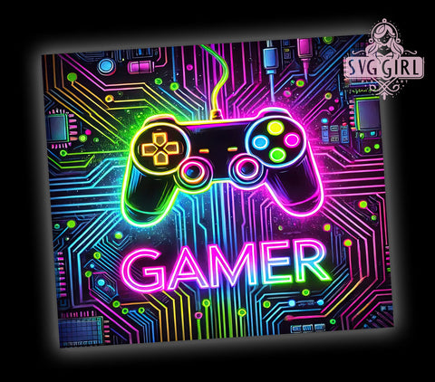 Neon Gamer 20oz Tumbler, 20oz Sublimation Design, Video Game Drinkware, Gaming Cup Wrap, Gamer Gift Idea, Bright Gamer Tumbler, LED Gaming Accessories Sublimation SvggirlplusArt 