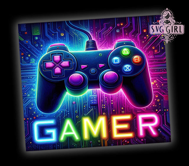 Neon Gamer 20oz Tumbler, 20oz Sublimation Design, Video Game Drinkware, Gaming Cup Wrap, Gamer Gift Idea, Bright Gamer Tumbler, LED Gaming Accessories Sublimation SvggirlplusArt 
