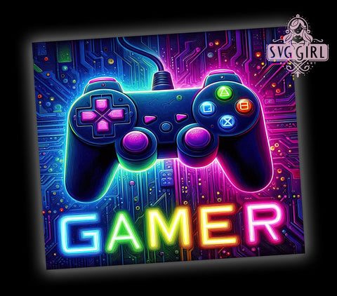 Neon Gamer 20oz Tumbler, 20oz Sublimation Design, Video Game Drinkware, Gaming Cup Wrap, Gamer Gift Idea, Bright Gamer Tumbler, LED Gaming Accessories Sublimation SvggirlplusArt 