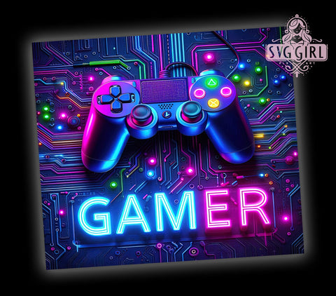 Neon Gamer 20oz Tumbler, 20oz Sublimation Design, Video Game Drinkware, Gaming Cup Wrap, Gamer Gift Idea, Bright Gamer Tumbler, LED Gaming Accessories Sublimation SvggirlplusArt 