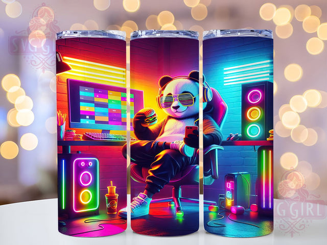 Neon Gamer Panda Tumbler, Funny Panda Wrap, Gamer Panda Design, Sublimation Cup, 20oz Skinny Tumbler, Bright Gaming Drinkware, Neon Panda Style Sublimation SvggirlplusArt 