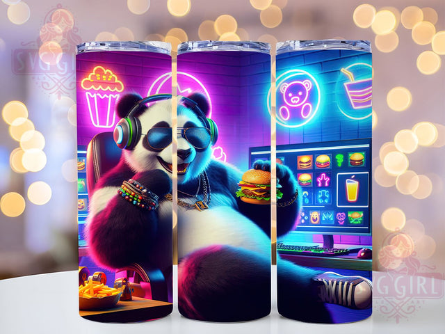 Neon Gamer Panda Tumbler, Funny Panda Wrap, Gamer Panda Design, Sublimation Cup, 20oz Skinny Tumbler, Bright Gaming Drinkware, Neon Panda Style Sublimation SvggirlplusArt 