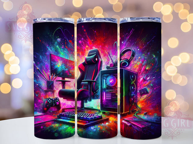 Neon Gaming Gear 20oz Tumbler, Neon Gaming Chair Design, Headphones Drinkware, Sublimation Wrap, Gamer Mug, Video Game Decor, Unique Gift for Gamers Sublimation SvggirlplusArt 