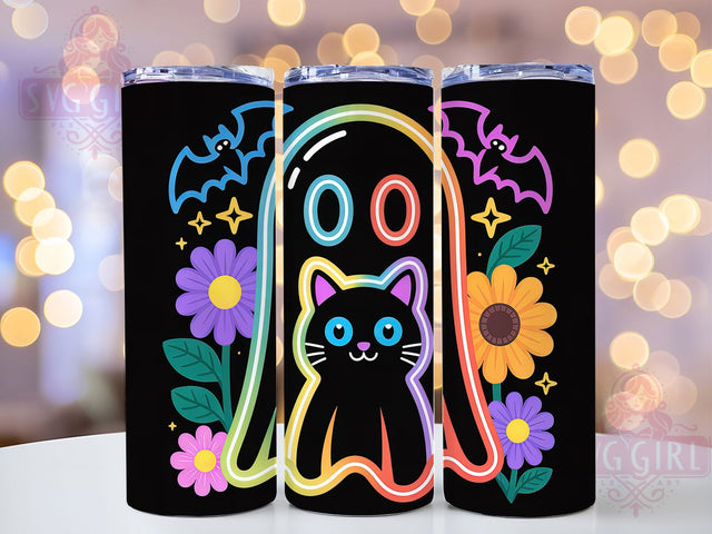 Neon Ghost & Cat Glowing Halloween Tumbler, Halloween Cat Wrap, Spooky Boo Cup, Glowing Ghost Drinkware, Neon Halloween Sublimation, Cute Cat And Ghost, Bright Spooky Art Sublimation SvggirlplusArt 