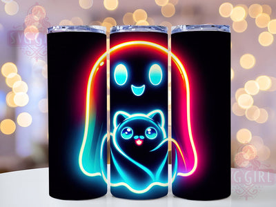 Neon Ghost & Cat Glowing Halloween Tumbler, Halloween Cat Wrap, Spooky Boo Cup, Glowing Ghost Drinkware, Neon Halloween Sublimation, Cute Cat And Ghost, Bright Spooky Art Sublimation SvggirlplusArt 