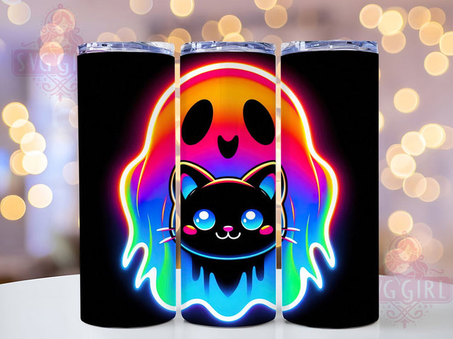 Neon Ghost & Cat Glowing Halloween Tumbler, Halloween Cat Wrap, Spooky Boo Cup, Glowing Ghost Drinkware, Neon Halloween Sublimation, Cute Cat And Ghost, Bright Spooky Art Sublimation SvggirlplusArt 