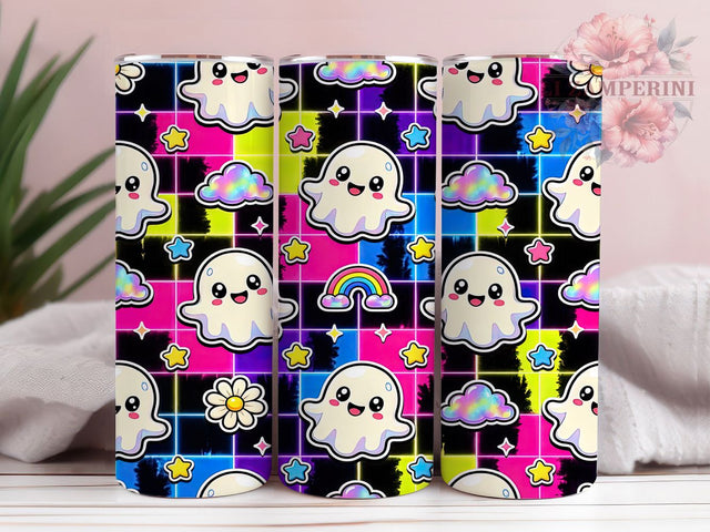 Neon Ghost Checker Glow 20oz Tumbler, Ghost Motif, Checker Accent, Neon Theme, Glow Art Design, Spooky Flair, Sublimation Wrap, 20oz Tumbler Sublimation Li Zamperini 