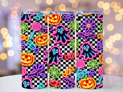 Neon Ghost Checker Glow 20oz Tumbler, Neon Theme, Ghost Motif, Checker Pattern, Glow Effect, Spooky Charm, Skinny Tumbler, Sublimation PNG Sublimation SvggirlplusArt 