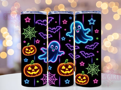 Neon Ghost Pumpkin Glow 20oz Tumbler, Neon Theme, Ghost Motif, Pumpkin Design, Glow Effect, Spooky Charm, Skinny Tumbler, Sublimation PNG Sublimation SvggirlplusArt 