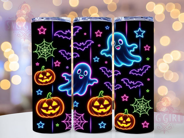 Neon Ghost Pumpkin Glow 20oz Tumbler, Neon Theme, Ghost Motif, Pumpkin Design, Glow Effect, Spooky Charm, Skinny Tumbler, Sublimation PNG Sublimation SvggirlplusArt 