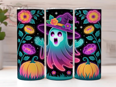 Neon Ghost Witch Hat Pumpkin Tumbler, Witch Hat Wrap, Floral Pumpkin Cup, Glowing Halloween Design, 20oz Tumbler Wrap, Neon Sublimation, Spooky Glow Drinkware Sublimation Lara' s Designs 