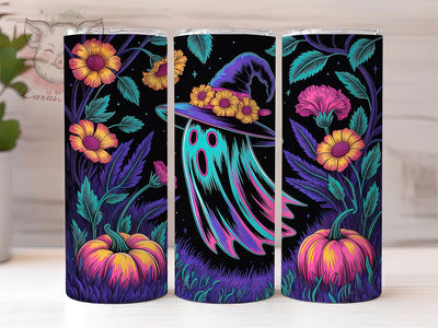Neon Ghost Witch Hat Pumpkin Tumbler, Witch Hat Wrap, Floral Pumpkin Cup, Glowing Halloween Design, 20oz Tumbler Wrap, Neon Sublimation, Spooky Glow Drinkware Sublimation Lara' s Designs 
