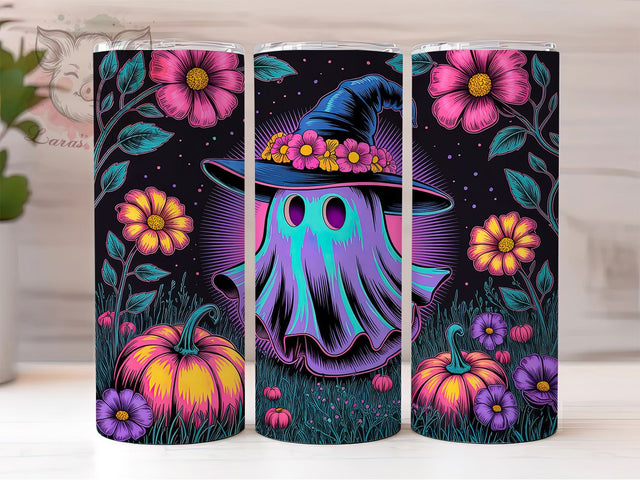 Neon Ghost Witch Hat Pumpkin Tumbler, Witch Hat Wrap, Floral Pumpkin Cup, Glowing Halloween Design, 20oz Tumbler Wrap, Neon Sublimation, Spooky Glow Drinkware Sublimation Lara' s Designs 