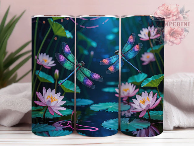 Neon Glow Dragonfly Tumbler, Vibrant Glow, Artistic Design, Nature Theme, Colorful Pattern, 20Oz Tumbler, Sublimation Wrap Sublimation Li Zamperini 