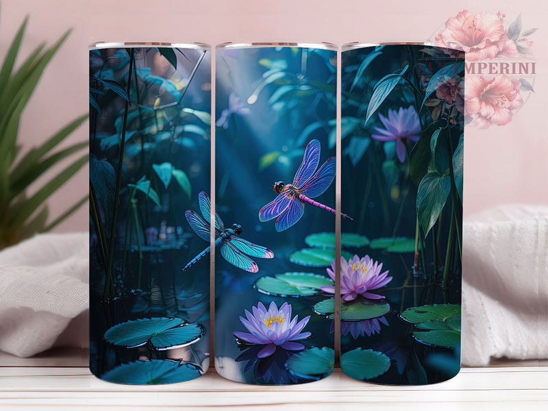 Neon Glow Dragonfly Tumbler, Vibrant Glow, Artistic Design, Nature Theme, Colorful Pattern, 20Oz Tumbler, Sublimation Wrap Sublimation Li Zamperini 