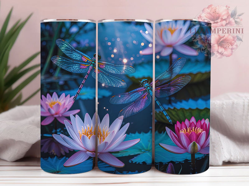 Neon Glow Dragonfly Tumbler, Vibrant Glow, Artistic Design, Nature Theme, Colorful Pattern, 20Oz Tumbler, Sublimation Wrap Sublimation Li Zamperini 