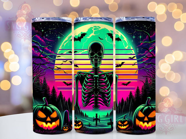 Neon Glow Halloween Skeleton Tumbler, Halloween Glow Wrap, Bright Skeleton Design, 20Oz Skinny Tumbler, Skeleton Sublimation Wrap, Colorful Halloween Drinkware, Glow In The Dark Style Sublimation SvggirlplusArt 