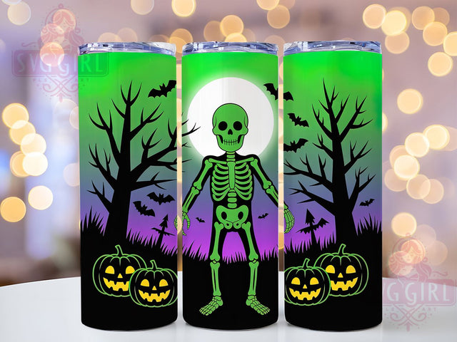 Neon Glow Halloween Skeleton Tumbler, Halloween Glow Wrap, Bright Skeleton Design, 20Oz Skinny Tumbler, Skeleton Sublimation Wrap, Colorful Halloween Drinkware, Glow In The Dark Style Sublimation SvggirlplusArt 