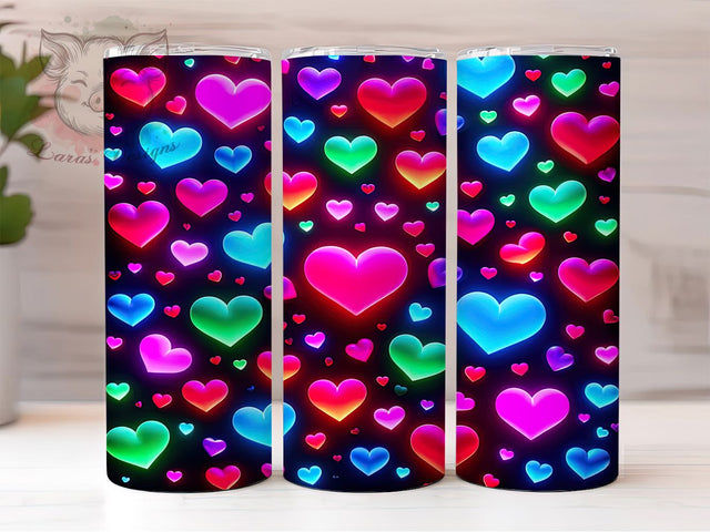 Neon Glow Heart Tumbler, Seamless Design, Glow Effect, Bright Romantic Style, Valentine Theme, Playful Chic Wrap, Colorful Love Print, 20Oz Tumbler, Sublimation Sublimation Lara' s Designs 
