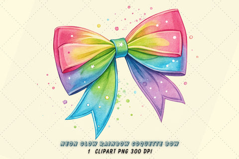 Neon Glow Rainbow Coquette Bow Clipart, neon rainbow bow, glowing coquette bow, vibrant bow design, rainbow clipart art, digital bow design, neon glow design, glowing bow art Sublimation FloridPrintables 