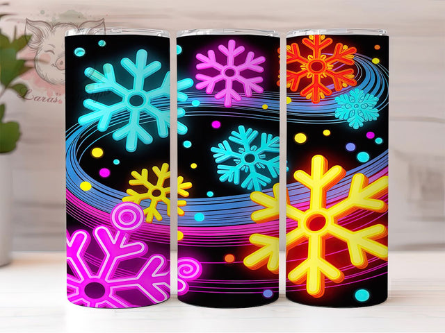Neon Glow Snowflake Tumbler, Christmas Glow Wrap, Seamless Holiday Design, Sublimation Cup, 20oz Skinny Tumbler, Bright Winter Drinkware, Neon Snowflake Style Sublimation Lara' s Designs 