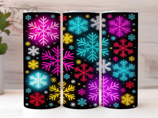 Neon Glow Snowflake Tumbler, Christmas Glow Wrap, Seamless Holiday Design, Sublimation Cup, 20oz Skinny Tumbler, Bright Winter Drinkware, Neon Snowflake Style Sublimation Lara' s Designs 