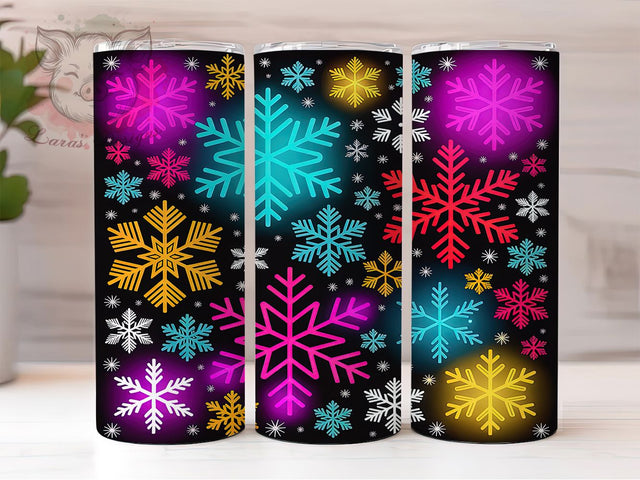 Neon Glow Snowflake Tumbler, Christmas Glow Wrap, Seamless Holiday Design, Sublimation Cup, 20oz Skinny Tumbler, Bright Winter Drinkware, Neon Snowflake Style Sublimation Lara' s Designs 