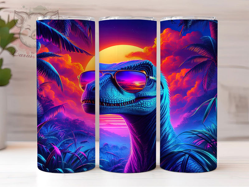 Neon Glow Trippy Dinosaur Tumbler, Glow Effect Dino Wrap, 20oz Tumbler Sublimation, Trippy Jurassic Design, Colorful Prehistoric Art, Retro 80s Dinosaur, Vibrant T-Rex Wrap Sublimation Lara' s Designs 