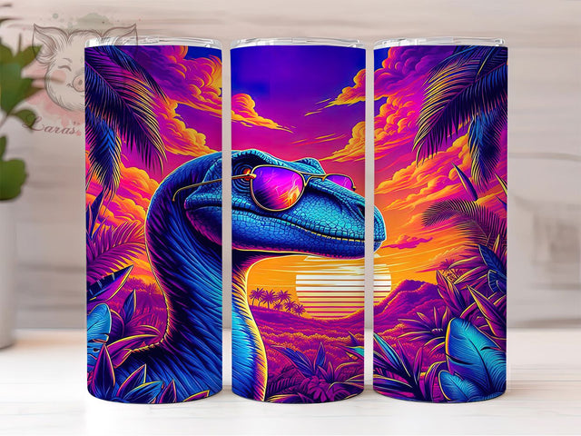 Neon Glow Trippy Dinosaur Tumbler, Glow Effect Dino Wrap, 20oz Tumbler Sublimation, Trippy Jurassic Design, Colorful Prehistoric Art, Retro 80s Dinosaur, Vibrant T-Rex Wrap Sublimation Lara' s Designs 