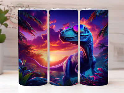Neon Glow Trippy Dinosaur Tumbler, Glow Effect Dino Wrap, 20oz Tumbler Sublimation, Trippy Jurassic Design, Colorful Prehistoric Art, Retro 80s Dinosaur, Vibrant T-Rex Wrap Sublimation Lara' s Designs 