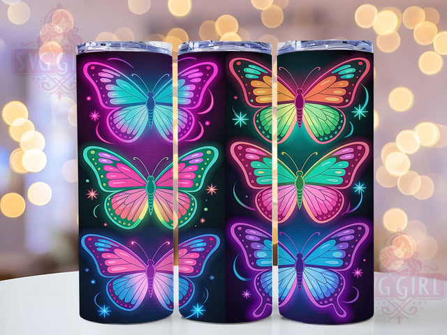 Neon Glowing Butterfly Tumbler, Glowing Butterfly Design, Neon Wings Pattern, 20Oz Sublimation Wrap, Bright Butterfly Art, Vibrant Neon Texture, Tumbler Sublimation Sublimation SvggirlplusArt 