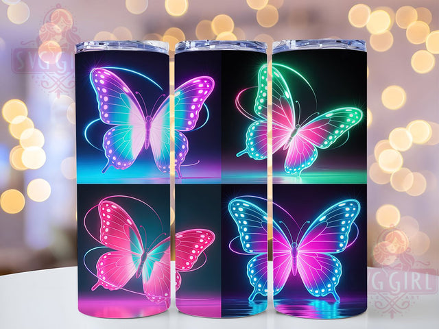 Neon Glowing Butterfly Tumbler, Glowing Butterfly Design, Neon Wings Pattern, 20Oz Sublimation Wrap, Bright Butterfly Art, Vibrant Neon Texture, Tumbler Sublimation Sublimation SvggirlplusArt 