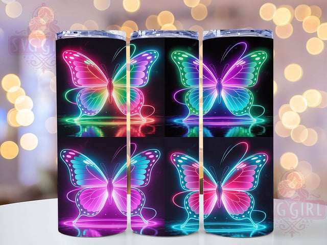 Neon Glowing Butterfly Tumbler, Glowing Butterfly Design, Neon Wings Pattern, 20Oz Sublimation Wrap, Bright Butterfly Art, Vibrant Neon Texture, Tumbler Sublimation Sublimation SvggirlplusArt 